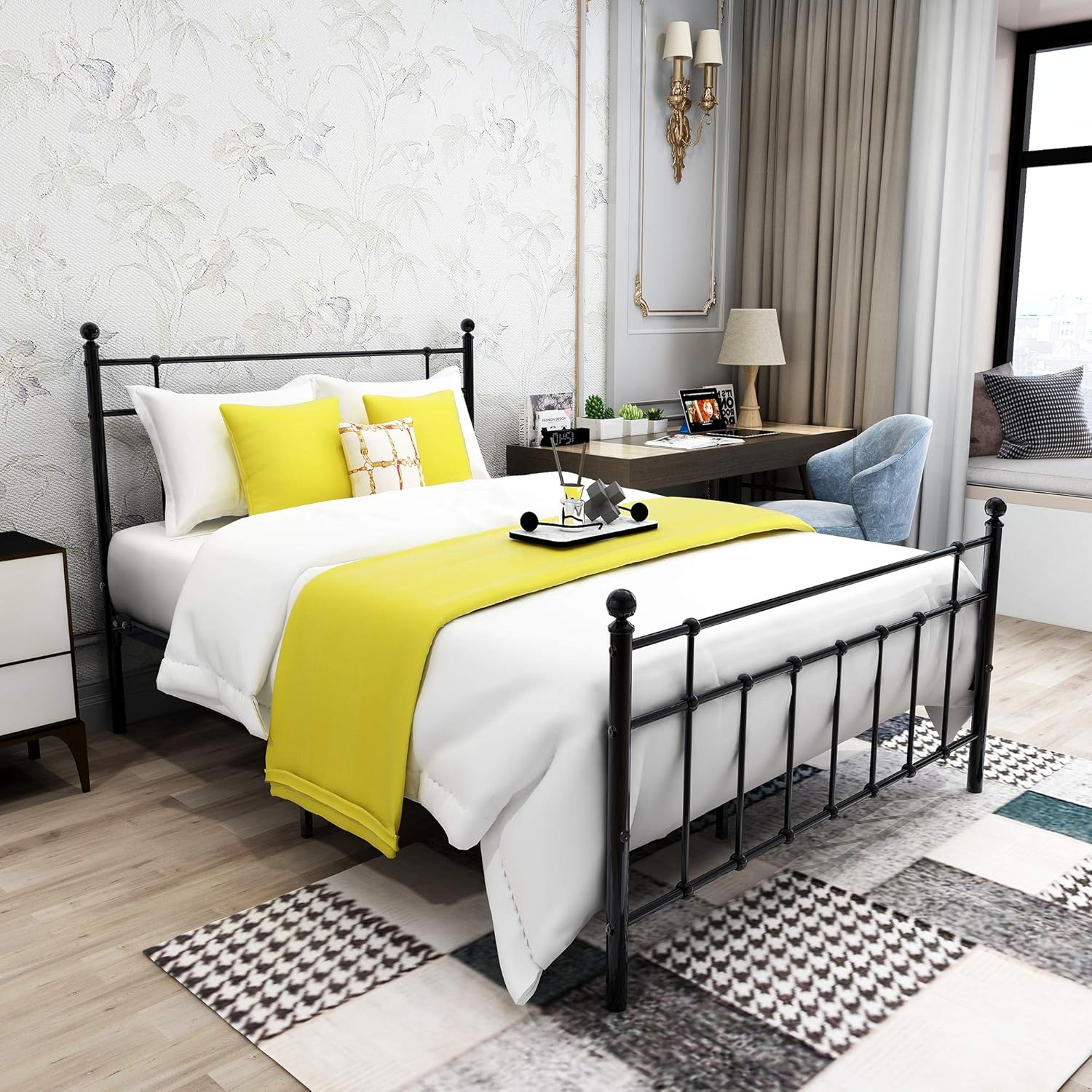 Metal Bed Frame Foundation with Headboard and Footboard Sturdy/ No Squeaky Premium Heavy Duty Steel Slabs (Queen, Black)