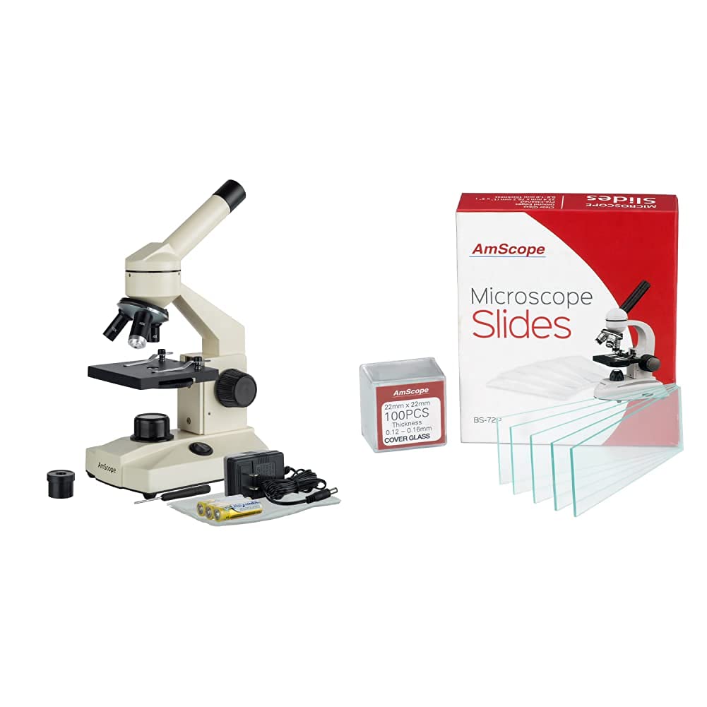 AmScope Optical Glass Lens All-Metal LED Compound Microscope, 6 Settings 40x-1000x, Portable AC or Battery Power