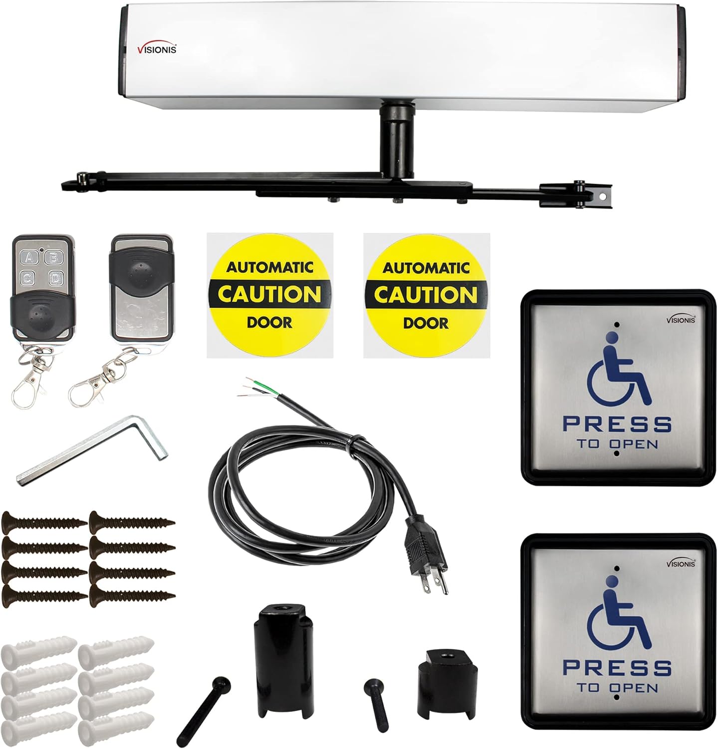 Visionis FPC-8525 Slim Electric Automatic Door Opener + Closer for 440lbs Outswing Doors + Built-in Receiver + 2 Wireless Remotes + 2 VIS-7039 Handicap Square Push to Exit Button/Switch with Back Box