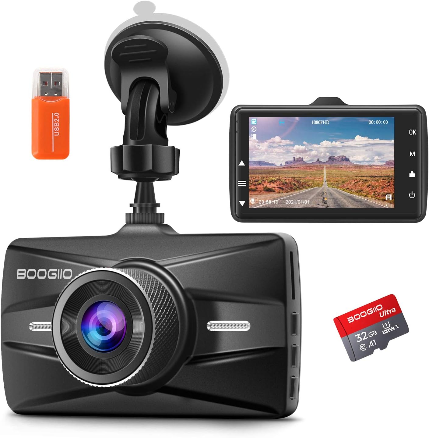 Dash Cam Front with 32G SD Card, BOOGIIO 1080P FHD Car Driving Recorder 3'' IPS Screen 170°Wide Angle Dashboard Camera Aluminum Alloy Case, WDR G-Sensor Parking Monitor Loop Recording Motion Detection Pack of 2