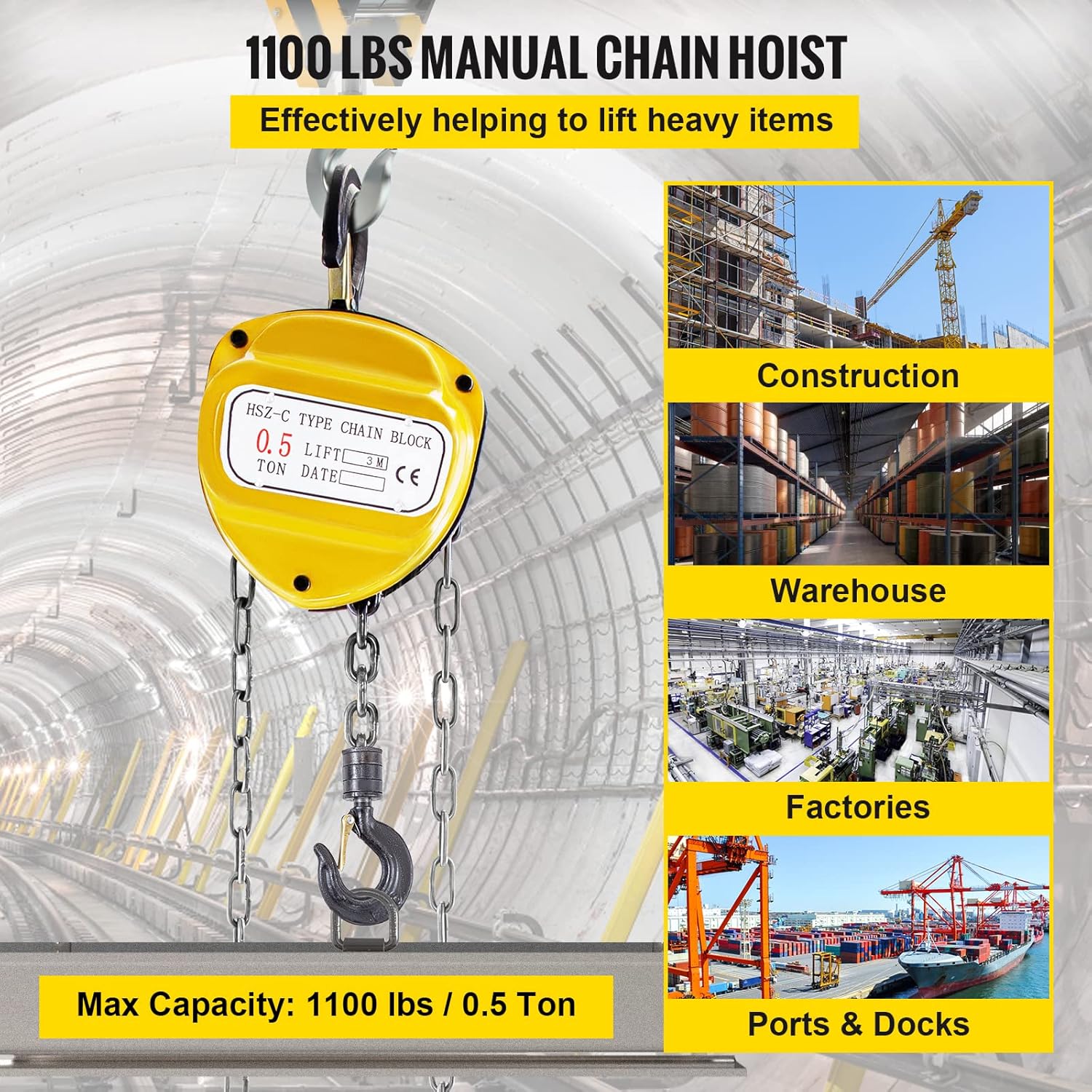 BestEquip Chain Hoist 1100lbs/0.5ton, Chain Block Hoist Manual Chain Hoist 10ft/3m Block Chain Hand Chain Lifting Hoist w/Two Hooks Chain Pulley Tackle Hoist Winch Lifting Pulling Equipment in Yellow Pack of 2