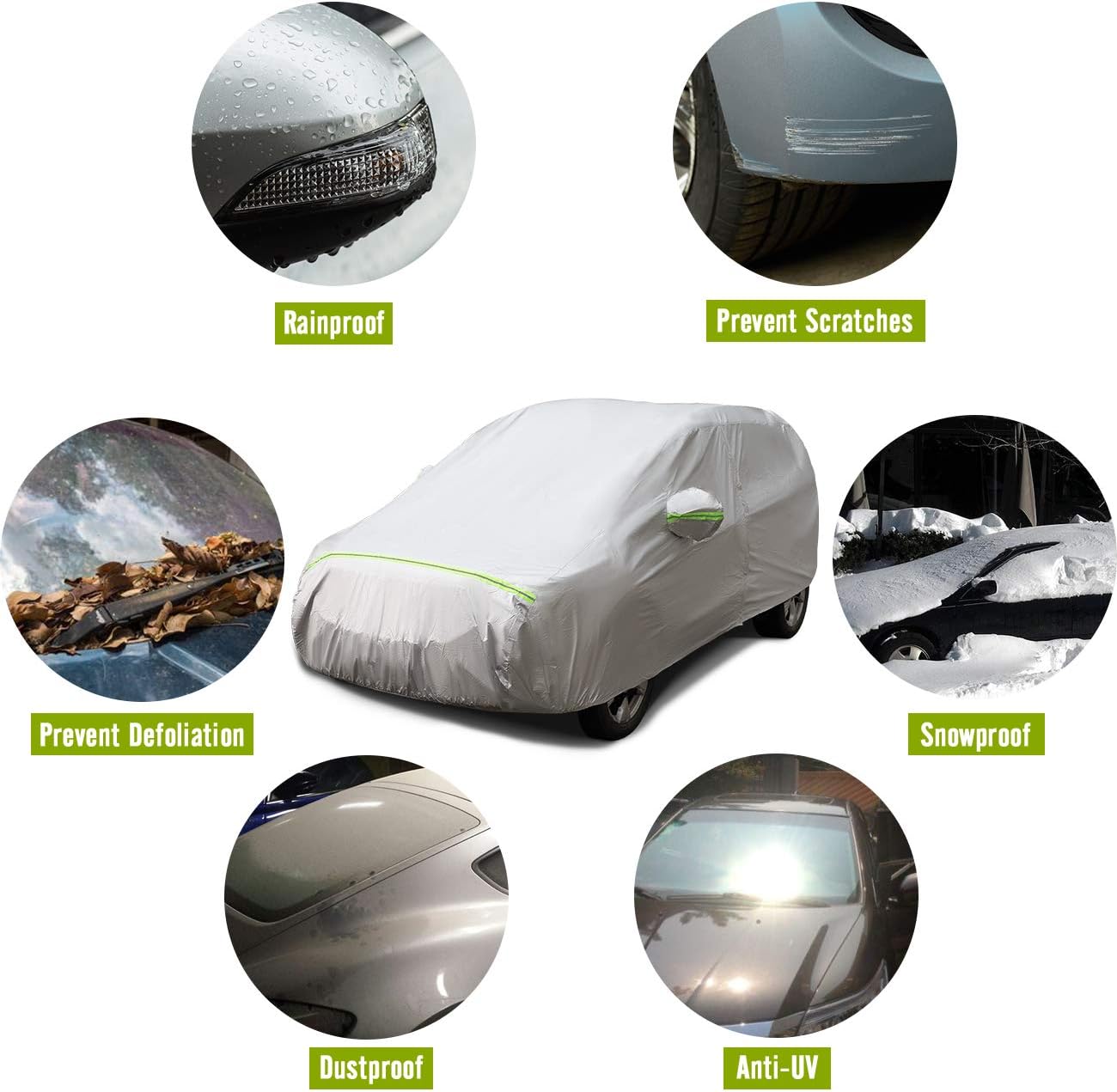 Favoto Car Cover SUV Cover Universal Fit 169 inch to 181 inch 5 Layer Driver Side Zipper Design Sun Protection with Night Reflective Waterproof Windproof Dustproof Snow Leaves Scratch Resistant Pack of 2