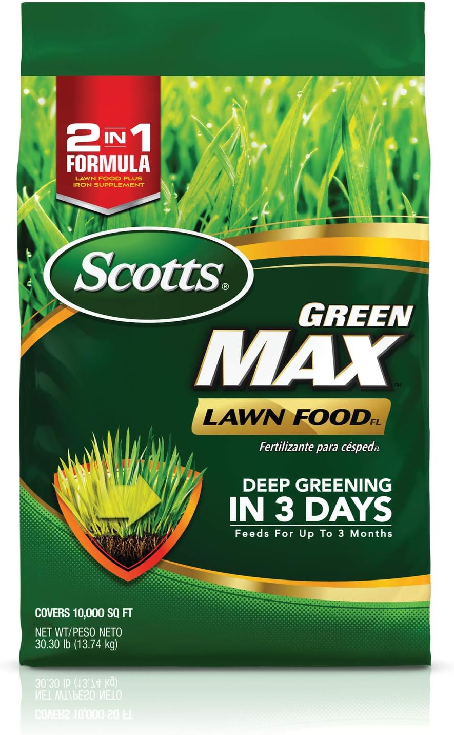 Scotts Green Max Lawn Food - Lawn Fertilizer Plus Iron Supplement Builds Thick, Green Lawns - Deep Greening in 3 Days - Covers 10,000 sq. ft. Pack of 2
