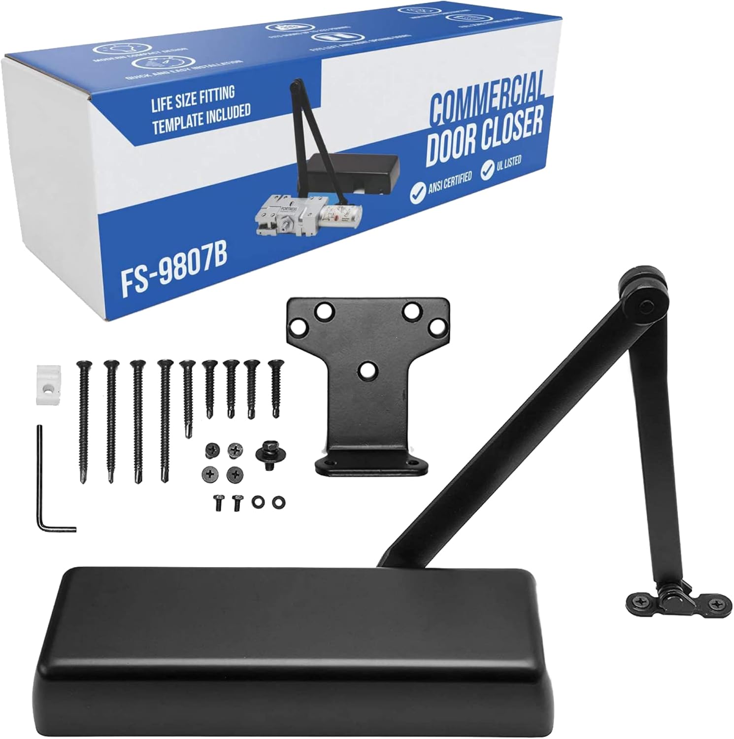 Heavy Duty Door Closer FS-9807B Commercial - Grade 1 Commercial Standard Automatic Door Closing Mechanism – Durable Plastic Casing – High Traffic Areas - Fitting Instructions - UL Listed