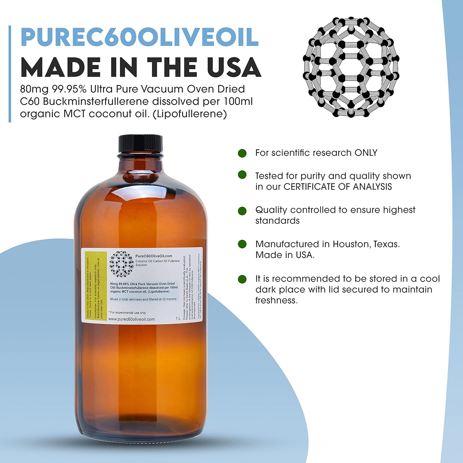 PureC60OliveOil C60 MCT Coconut Oil 1L / 33.8 Fl Oz - 99.95% Carbon 60 Solvent Free 800mg - Amber Glass Bottle - Third Party Tested - Carbon 60 Coconut Oil - From The Leading Global Producer