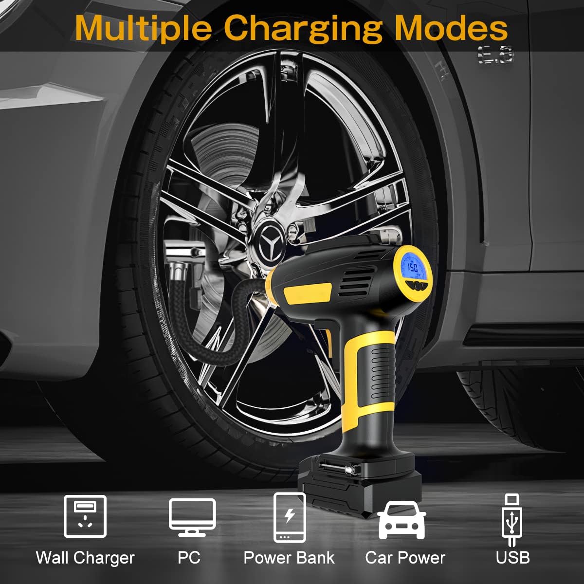 TORYO Portable Air Compressor Tire Inflator, Air Pump for Car Tires 12V DC with Rechargeable Battery, Cordless Tire Inflator for Car, Motorbike, Bike and Inflatables Pack of 2