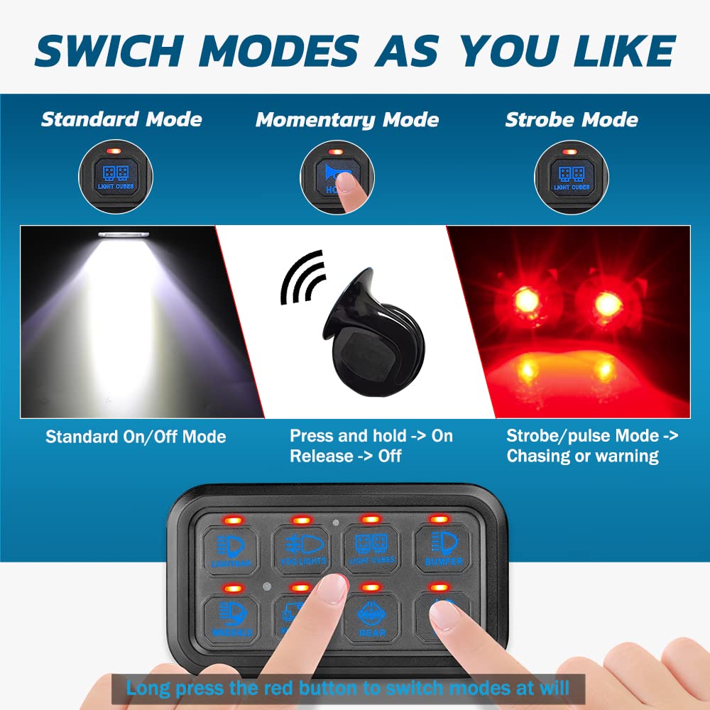 Nibright 8 Gang Switch Panel Circuit Control System Box [Momentary + Strobe + Standard Modes] Universal On-Off LED Car Touch Switch Panel for Truck UTV SUV Pickup Marine Boat, Blue Backlight