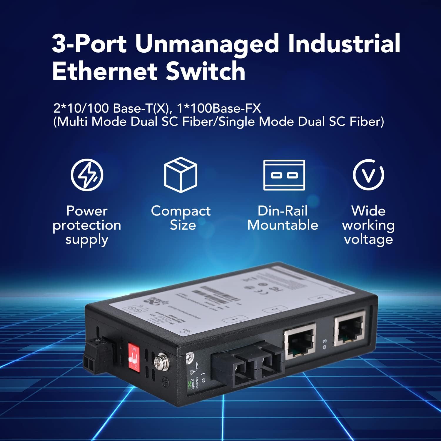 InHand Networks 8-Port Unmanaged Industrial Ethernet Gigabit Switch, 8 * 10/100/1000 Base-T(X) Adaptive RJ45 Ports, 16 Gbps Switching Capacity, IP30, Wide Temperature and Voltage, Support DIN Rail.