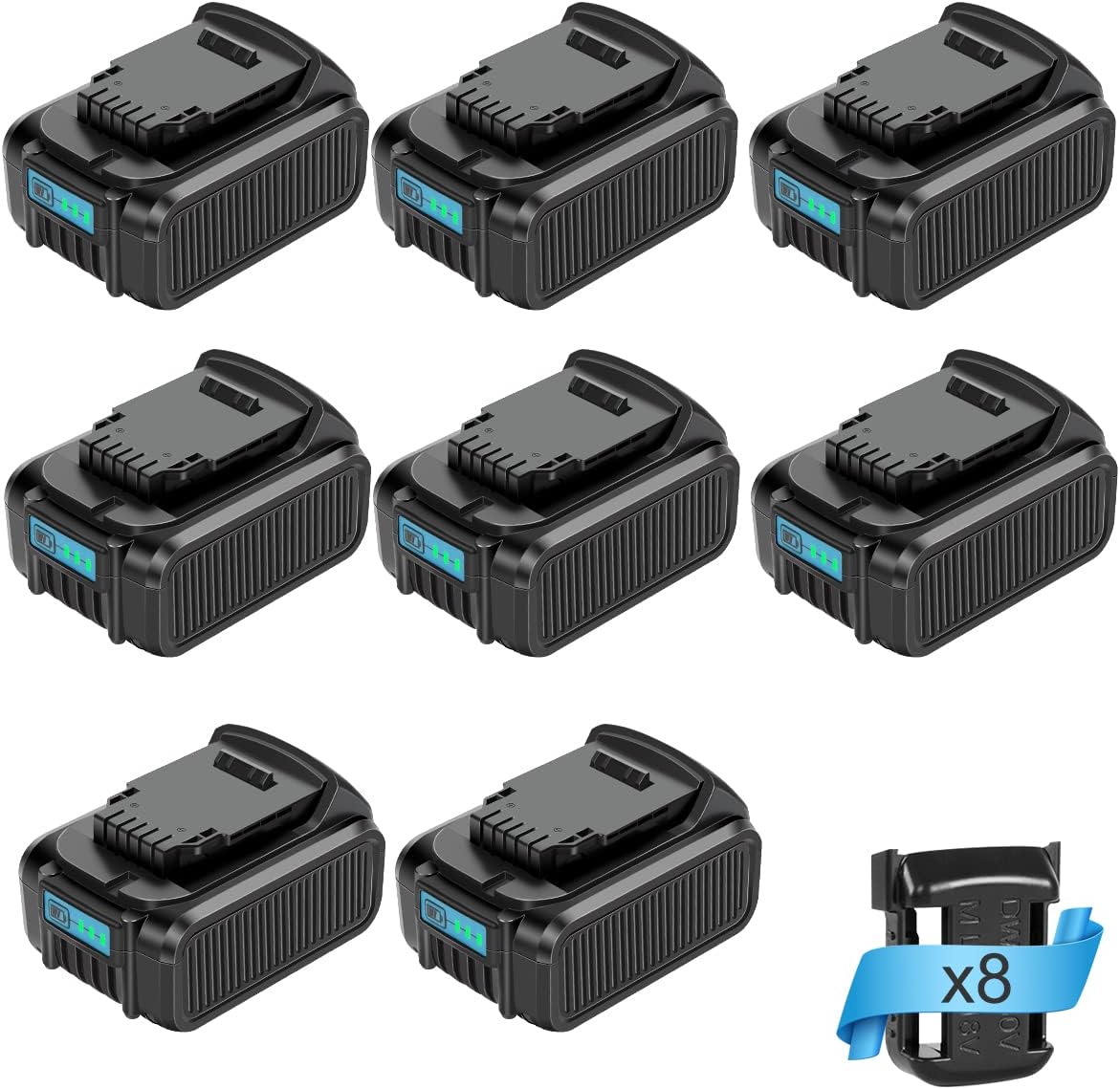 8 Pack 20V 6.0Ah Battery Compatible with DeWalt Tools and Charger, Upgraded Tech for Higher Power, Lithium ion Cell Replacement for DeWalt 20V Battery DCB205 DCB200 DCB206 Series+Holder, (Black)