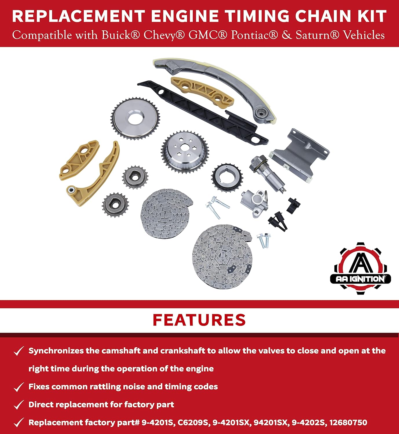 Engine Timing Chain Kit - Compatible with Buick, Chevy, GMC, Pontiac and Saturn - 2.0L, 2.2L, 2.4L - LaCrosse, HHR, Malibu, Terrain, G5, G6, Saab - Replaces 9-4201S, 12680750, 94201SX