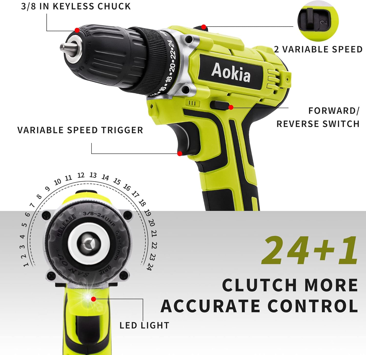 Aokia Power Cordless Drill Set: 21V Electric Driver Tool Kit Drill Driver 3/8-Inch Keyless Chuck 1500rpm Variable Speed Drilling Wall Wood Metal 43pcs Drill Bits Pack of 2