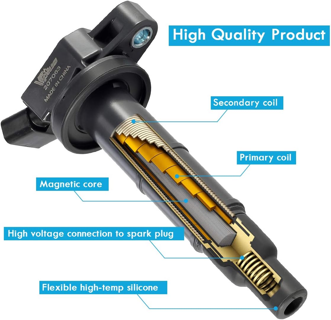 Vplus Set of 4 Ignition Coils & Spark Plugs Replacement for Toyota Camry Matrix RAV4 Highlander Solara Vibe TC HS250h 2.4L l4 90919-02244 UF333 C1330 6731307 GN10313 90080-19023 Pack of 2