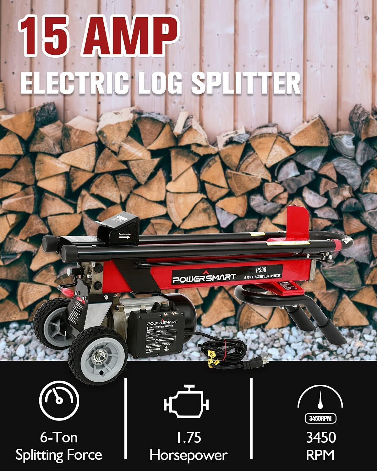 PowerSmart Log Splitter Electric, 6-Ton Hydraulic Log Splitter, 15 Amp Electric Log Splitter, Electric Wood Splitter, Horizontal Full Beam with Steel Wedge for Firewood Splitter Kindling Log Cutter