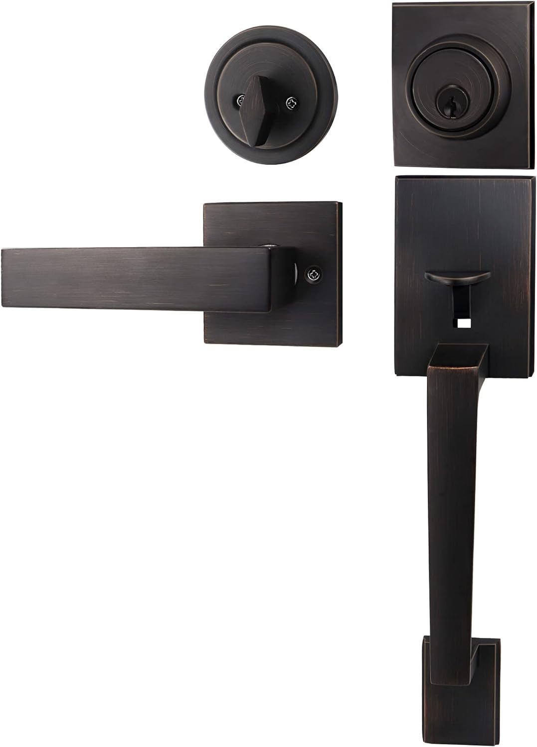 Azdele Front Door Handle Set with Single Cylinder Deadbolt and Lever Handle, Square Adjustable Entry Door Lock Set, Entrance Handle Set with Lock, Reversible for Right & Left Handed, Matte Black Pack of 2