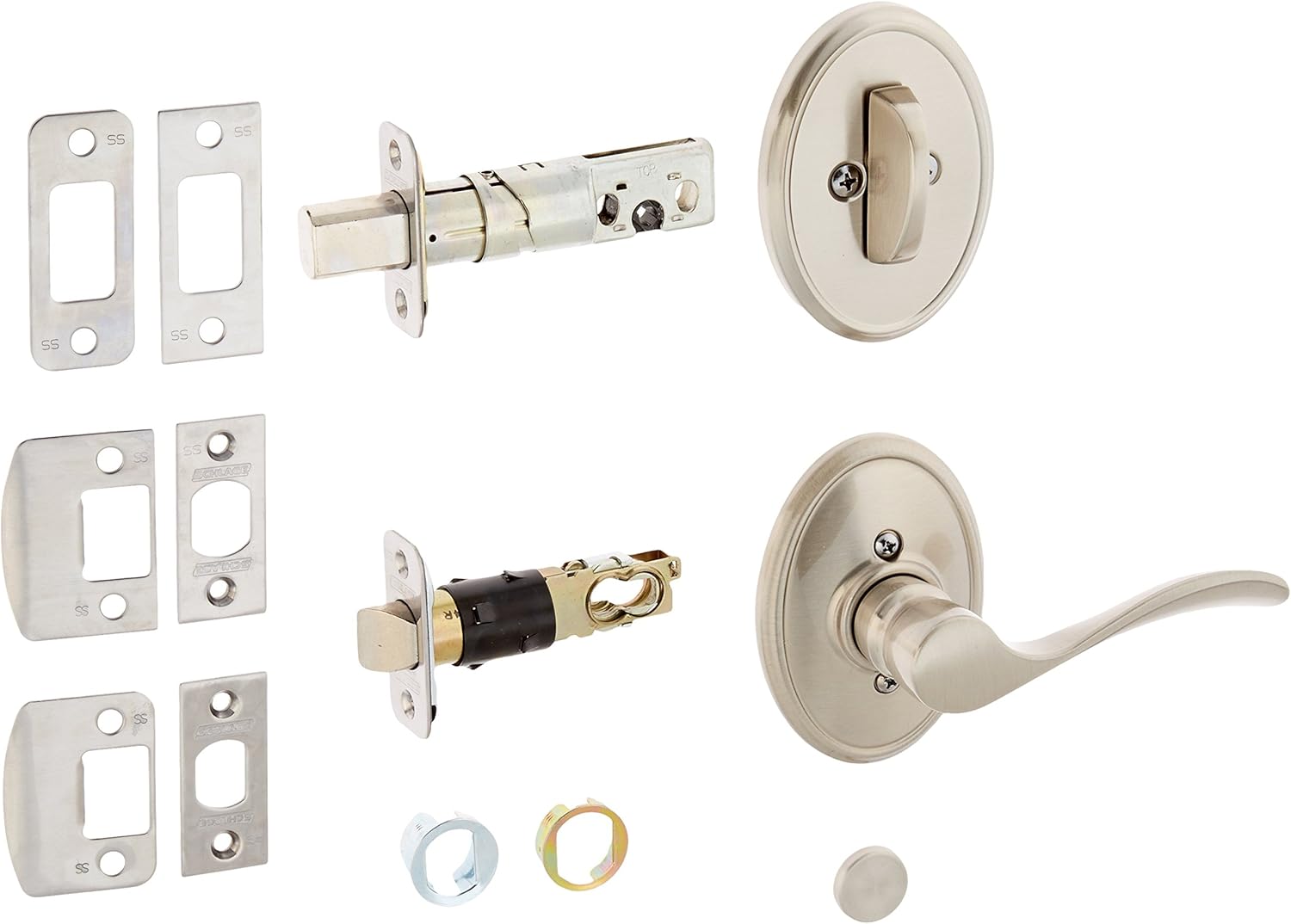 Schlage Lock Company F59CHP619WKFRH Satin Nickel Champagne Right Handed Interior Pack Lever Set with Single Cylinder Deadbolt and Decorative Wakefield Rose Pack of 2
