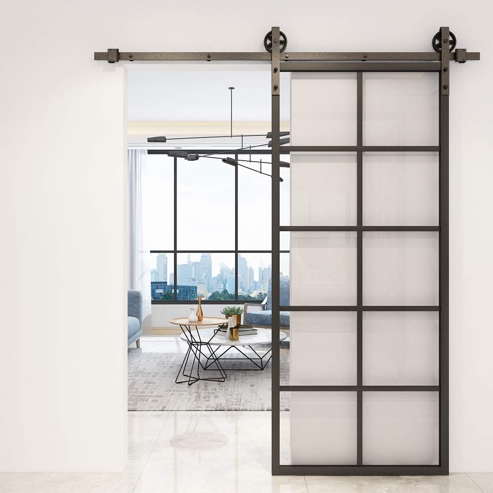 JUBEST DIY Glass Sliding Barn Door, 36in x 84in Modern French Door, Sturdy Clear Tempered Glass Aluminum Frame Sliding Closet Kitchen Door, Pocket Interior Door, 4 PCS of Clear Glass, Easy Assembly