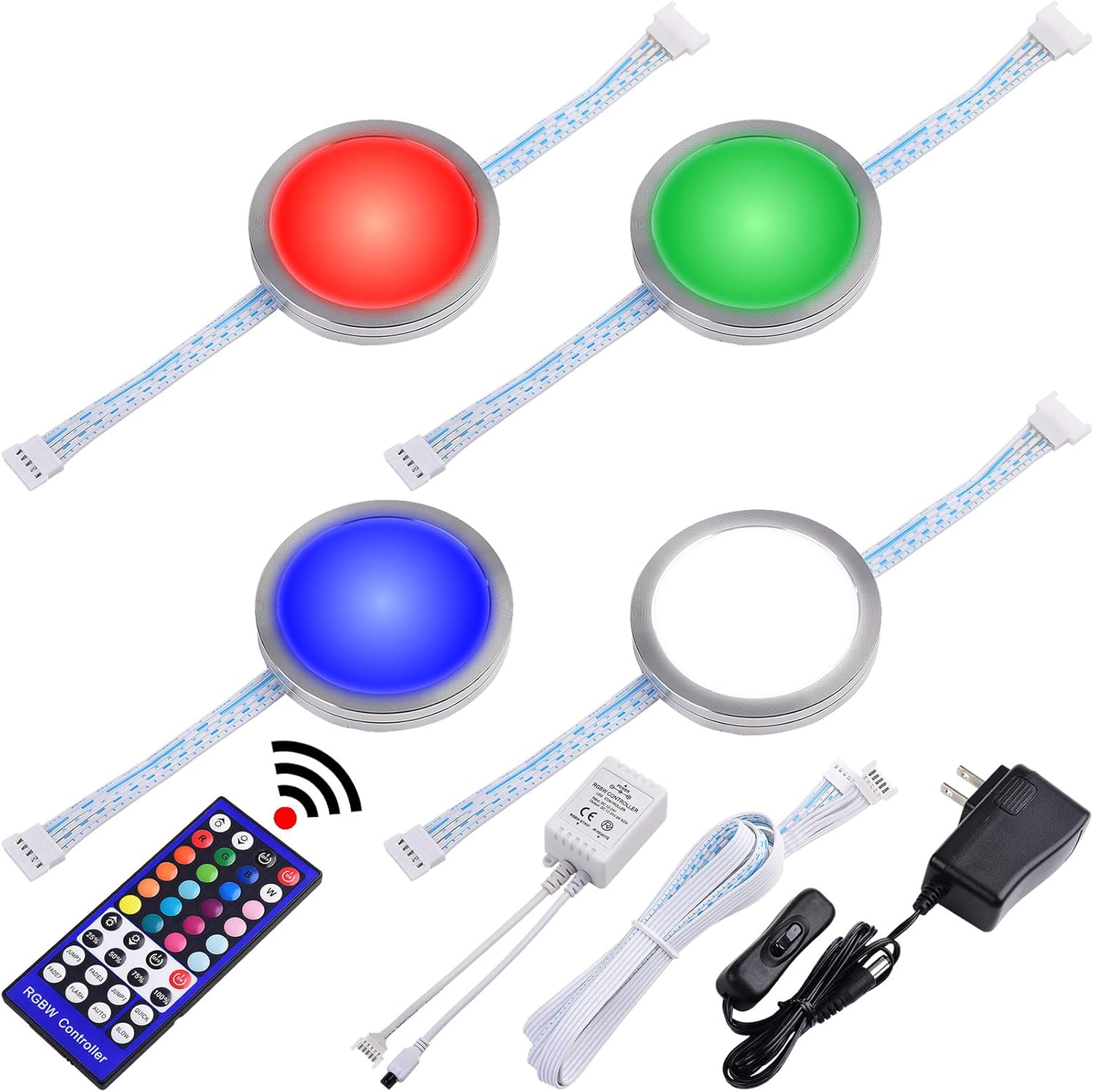 Lvyinyin RGBW Under Cabinet LED Lighting Kit, Linkable Puck Light, RGB & Daylight White, Wireless Remote Control Dimmer, 120V to 12V Wall Plug, 6 Lights Pack of 2