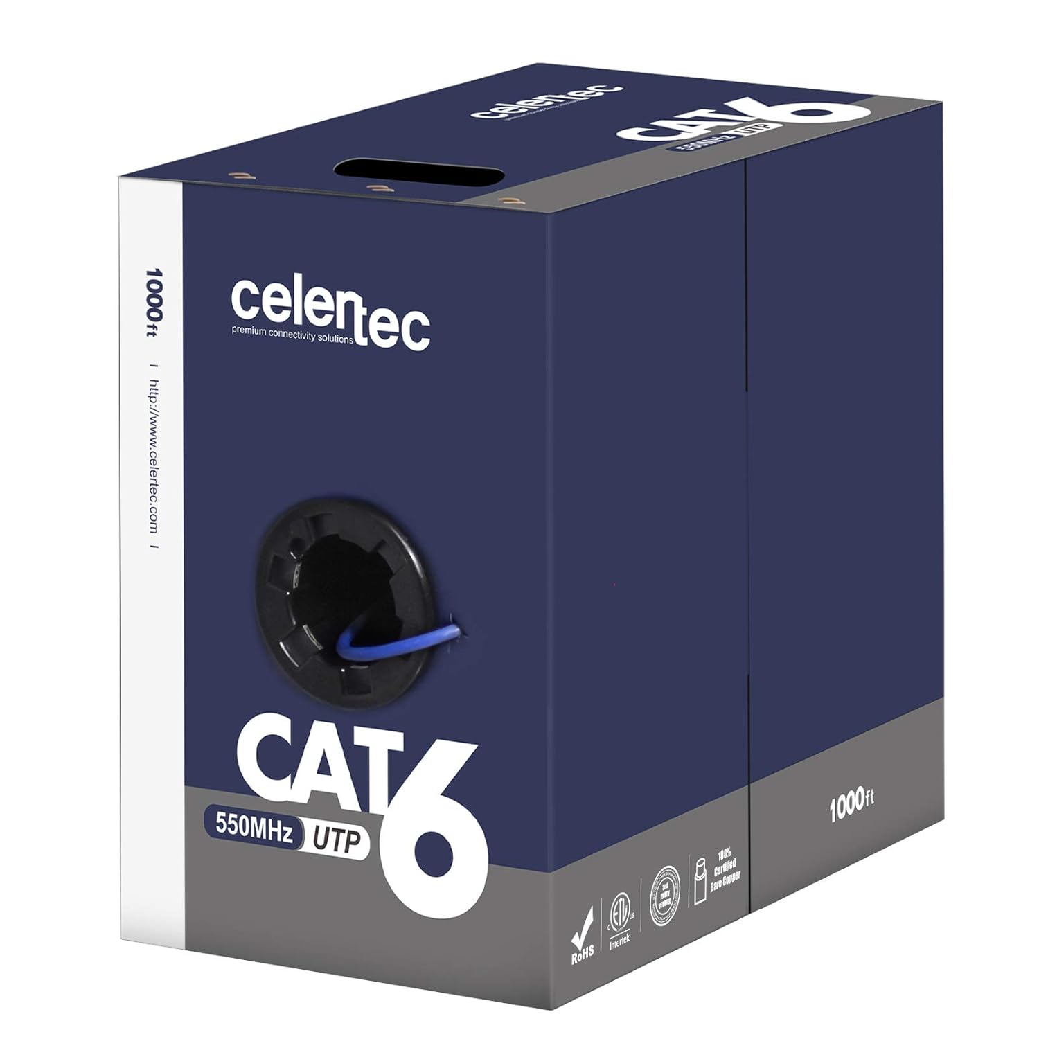 celertec CAT6 Ethernet Cable, 1000ft, 23AWG Solid Bare Copper, Unshielded Twisted Pairs(UTP), 550MHz, ETL Listed &CMR Riser Rated, Indoor, Bulk Ethernet Cable, Pull Box -Black