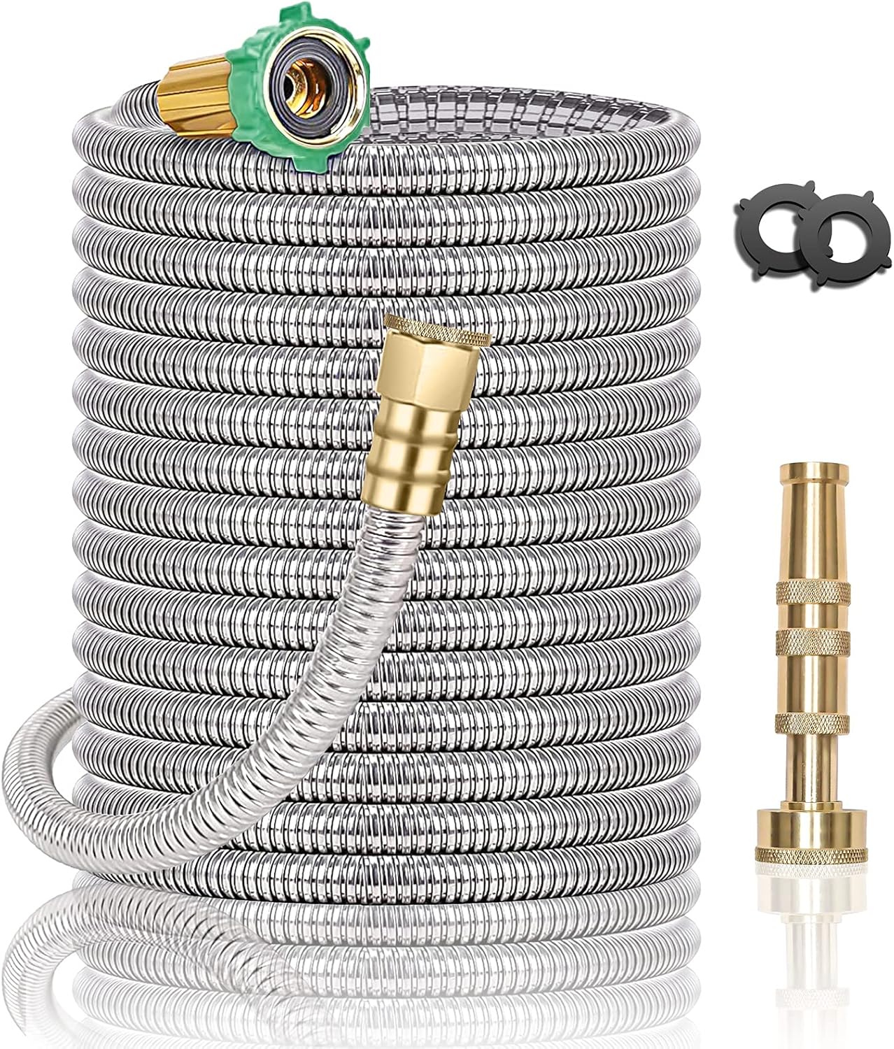 MECORDS Steel Metal Garden Hose 100FT Heavy Duty Lightweight 304 Stainless Steel Metal Water Hose with Brass Nozzle, Durable Fittings, No Kink & Tangle, Puncture Resistant,Easy to Use & Store, Silver Pack of 2