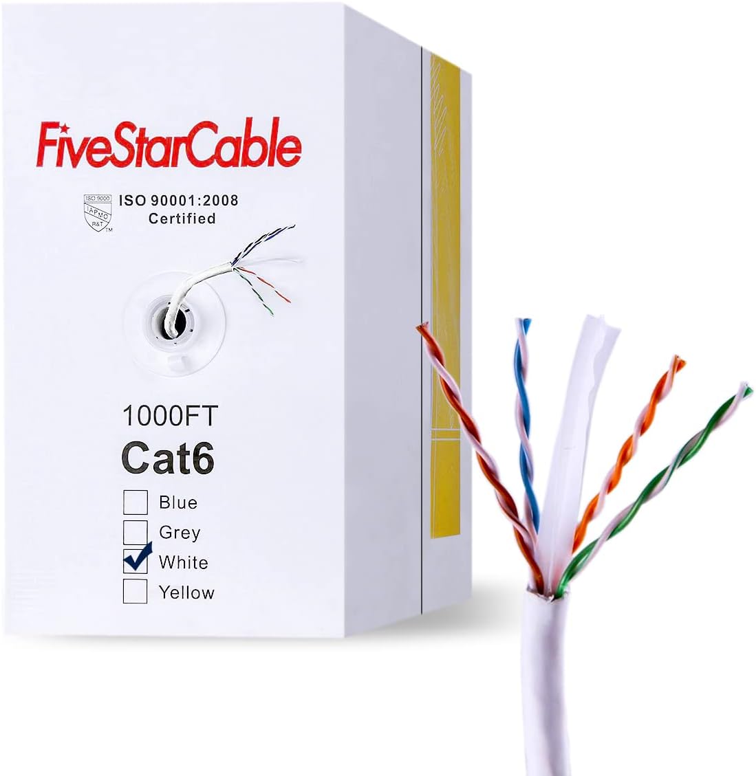 Five Star Cable Cat6 1000 Ft. 23AWG UTP Bulk Internet PVC Wire Category 6 Ethernet Cable – White