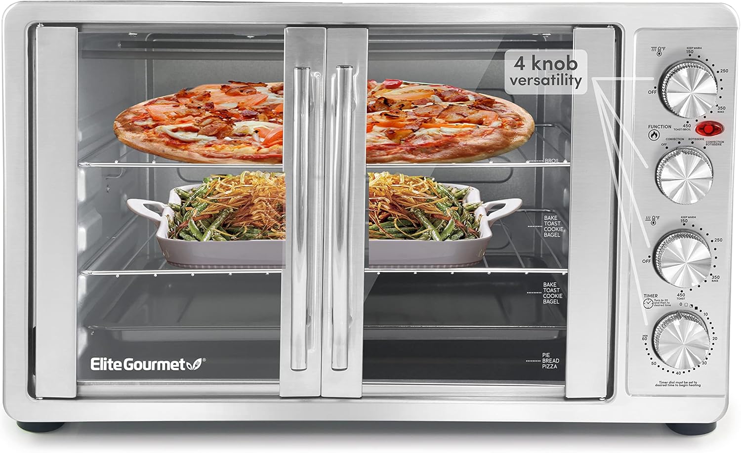 Elite Gourmet ETO-4510M Double French Door 4-Control Knobs Countertop Convection Toaster Oven, Bake Broil Toast Rotisserie Keep Warm 14