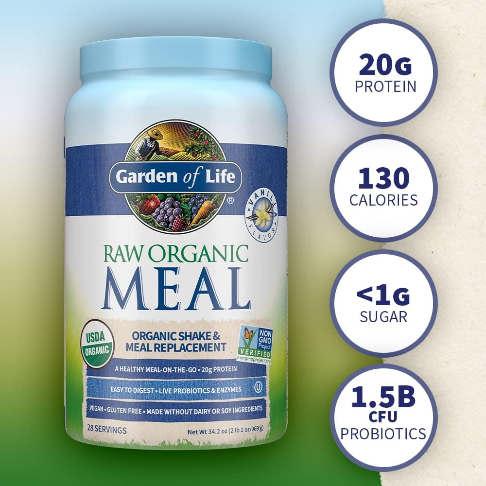 Garden of Life Raw Organic Meal Replacement Powder - Vanilla, 28 Servings, 20g Plant Based Protein Powder, Superfoods, Greens, Vitamins Minerals Probiotics & Enzymes All-in-One Meal Replacement Shake Pack of 2