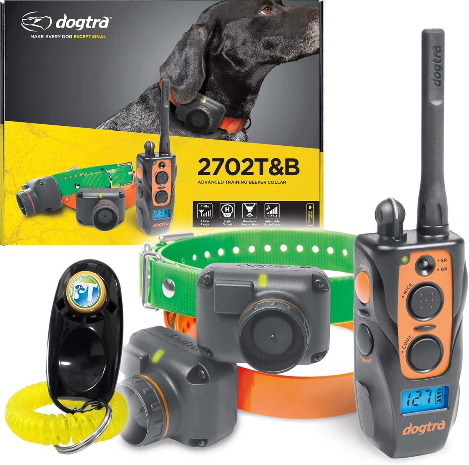 Dogtra 2700 T&B 1-Dog Remote Training and Beeper Collar - 1 Mile Range, Fully Waterproof, Rechargeable, Static, Vibration - Includes PetsTEK Dog Training Clicker