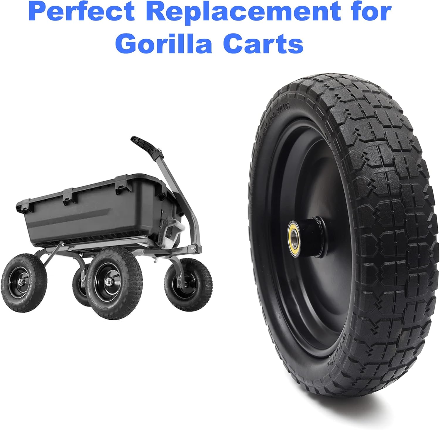 (2-Pack) 13‘’ Tire for Gorilla Cart - Solid Polyurethane Flat-Free Tire and Wheel Assemblies - 3.15” Wide Tires with 0.63” Axle Borehole and 2.1” Hub Pack of 2