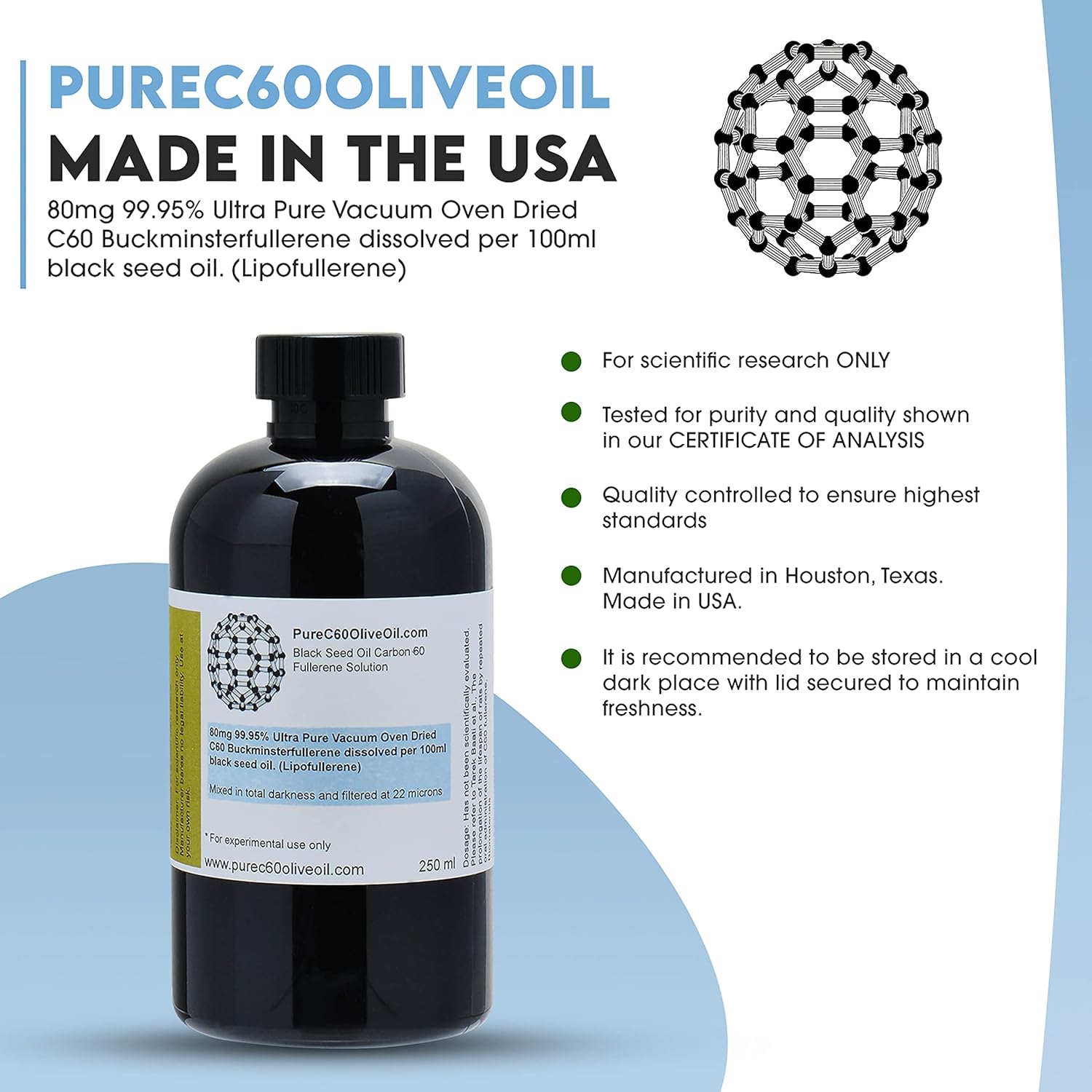 PureC60OliveOil C60 Black Seed Oil 250ml / 8.5 Fl Oz - 99.95% Carbon 60 Solvent Free 80mg - Amber Glass Bottle - Third Party Tested - Carbon 60 Black Seed Oil - from The Leading Global Producer