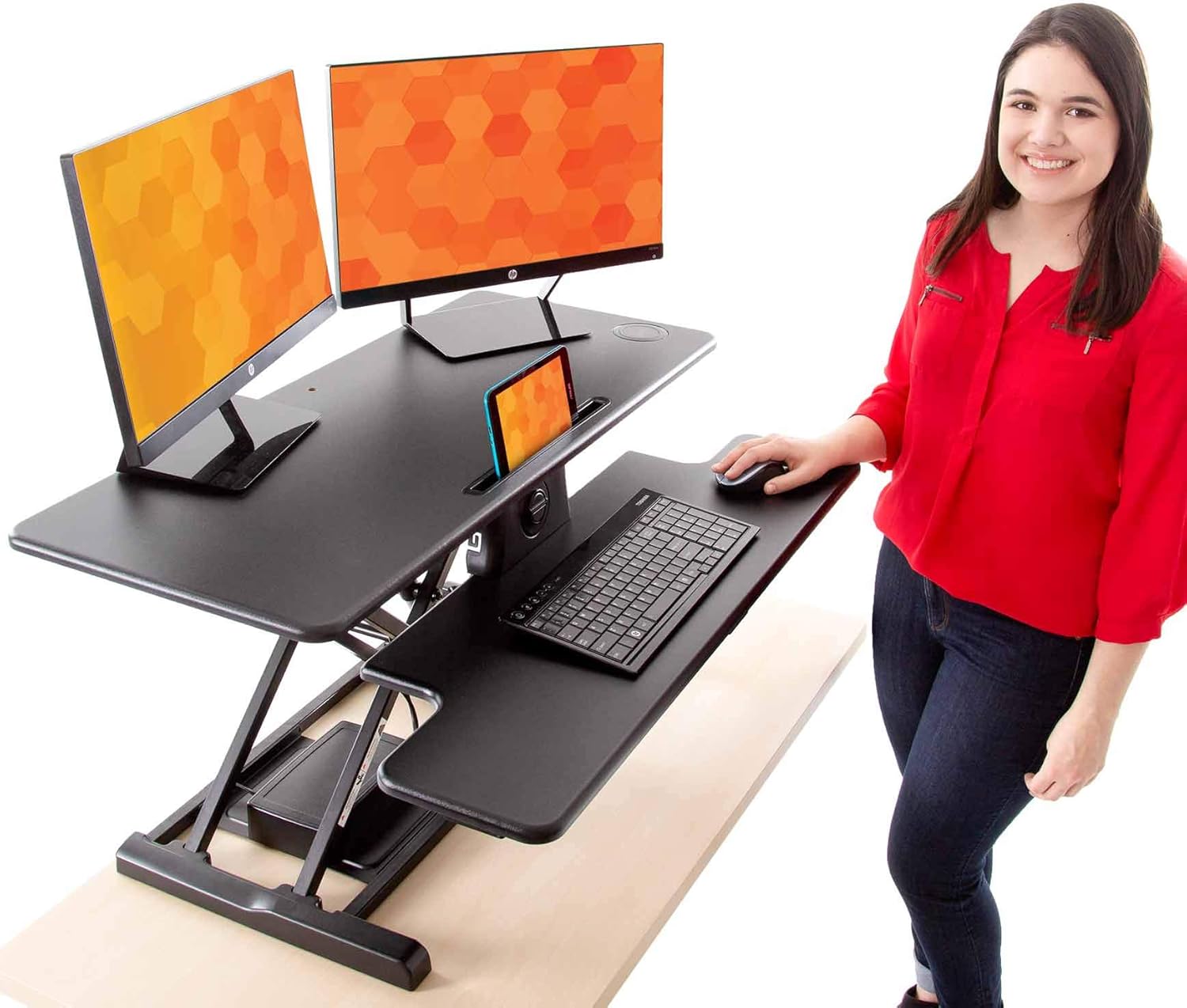 Stand Steady Flexpro Hero Power | Electric Standing Desk Converter/Desk Riser with Wireless Charging | Turns Any Desk into a Sit to Stand Up Desk | Integrated Phone/Tablet Holder (37.5 Inch/Black)