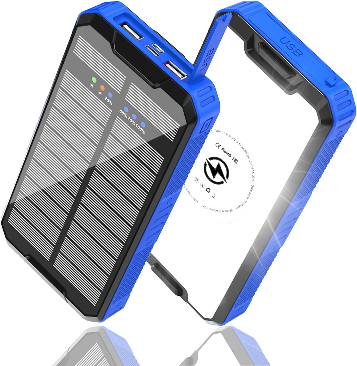 Solar Charger Power Bank 30000mAh, Upgraded 20W High-Speed QC3.0 Type C Micro USB Portable Solar Phone Charger, 10W Qi Wireless Fast Charging, IP67 Waterproof Cell Phone Tablet External Battery Pack Pack of 2
