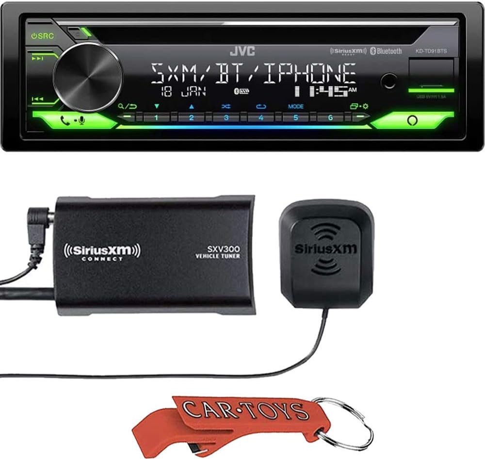 JVC KD-TD91BTS Car CD Receivier Endless Entertainment Bundle with SiriusXM Satellite Radio Tuner. Features Amazon Alexa, Front USB, Bluetooth, Variable Color Illumination, Large Volume Knob
