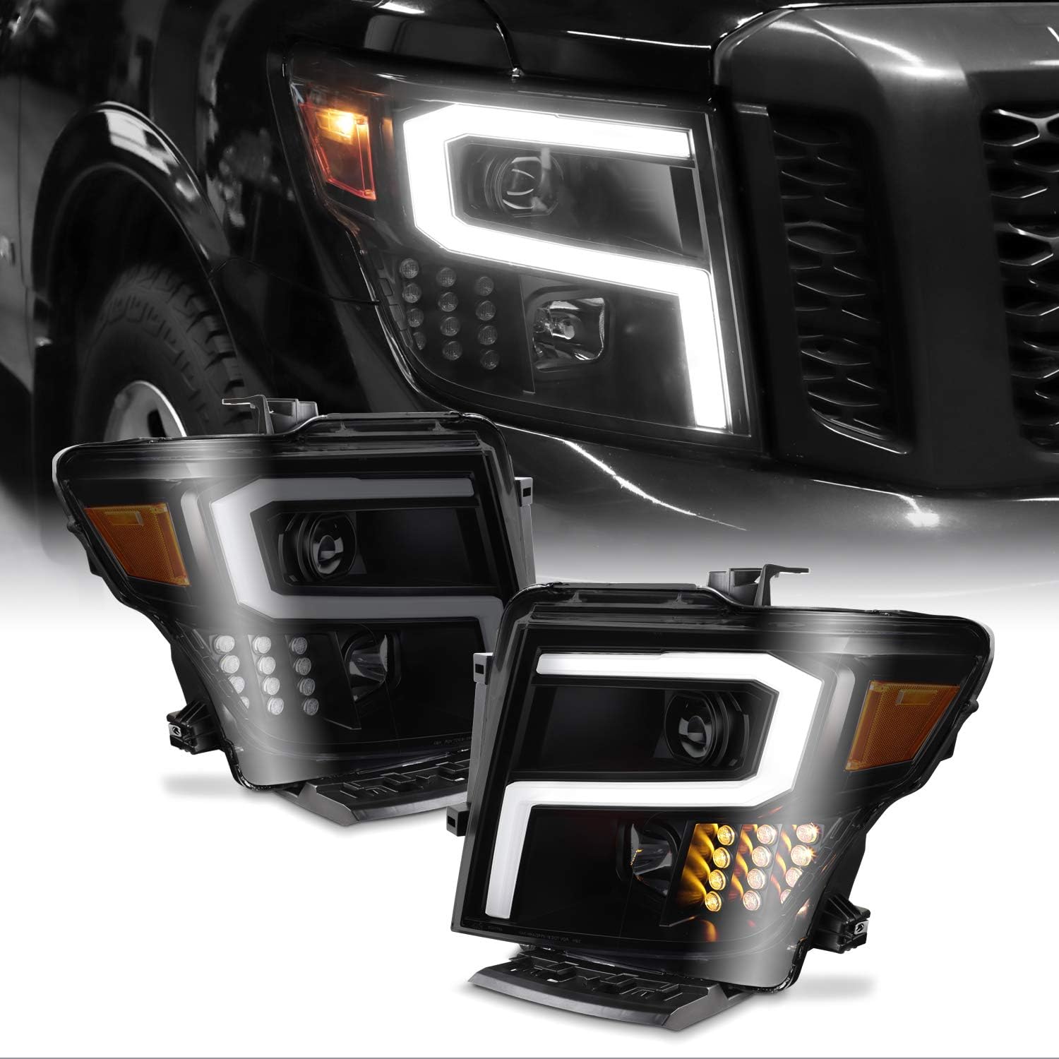 AKKON - For 2016-2019 Nissan Titan Projector LED DRL Light Bar Pair Headlights - Chorme Assemblies