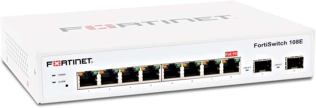 Fortinet | FS-108E | FortiSwitch-108E L2 Switch - 8 x GE RJ45 Ports, 2 x GE SFP, Fanless line AC and PSE Dual Powered L2+ Management Switch, FortiGate Switch Controller Compatible.