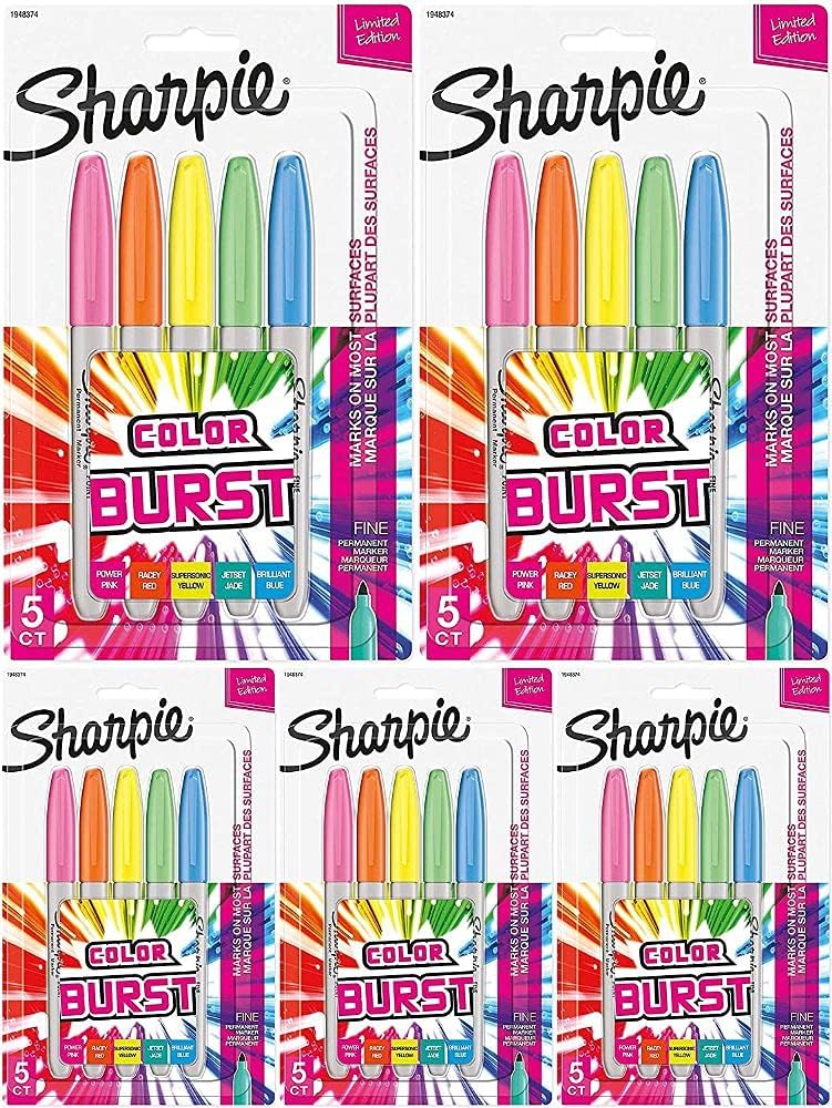 Sharpie Color Burst Permanent Markers, Fine Point, Assorted, 5/Count - 5 Pack
