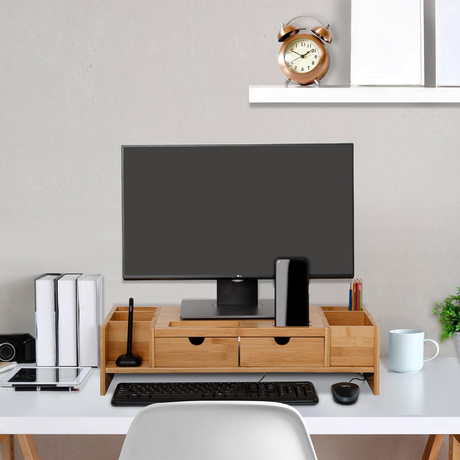 Crestlive Products Luxury Bamboo Computer Monitor Stand Riser with Adjustable Storage Organizer & Drawers Laptop Cellphone TV Printer Stand,Natural Pack of 2