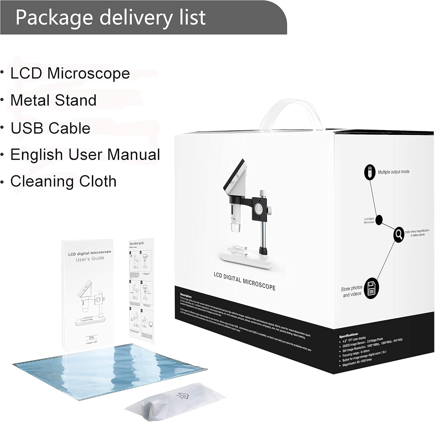 LCD Digital Microscope, SKYBASIC 4.3 inch 50X-1000X Magnification Zoom HD 2 Megapixels Compound 2600 mAh Battery USB Microscope 8 Adjustable LED Light Video Camera Microscope with 32G TF Card Pack of 2