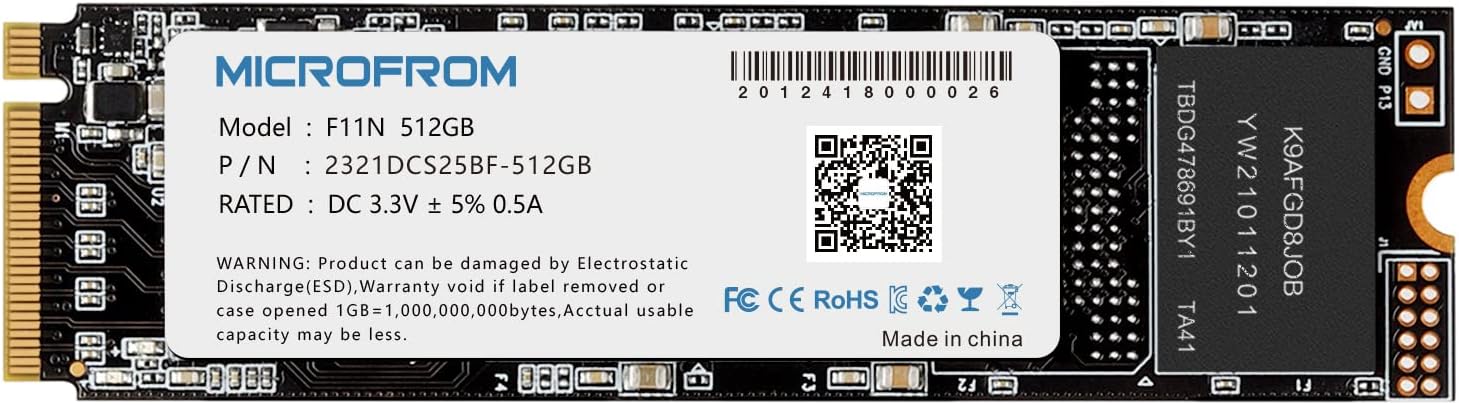 MICROFROM 512GB F11N M.2 SSD NVME PCIe SSD Internal Solid State Drive PCIe Gen3X4, M.2 NVMe 1.3, SSD M.2 TLC NAND Flash Up to Read/Write 1,600/1,400MB/s for PC Gaming Laptop Pack of 2