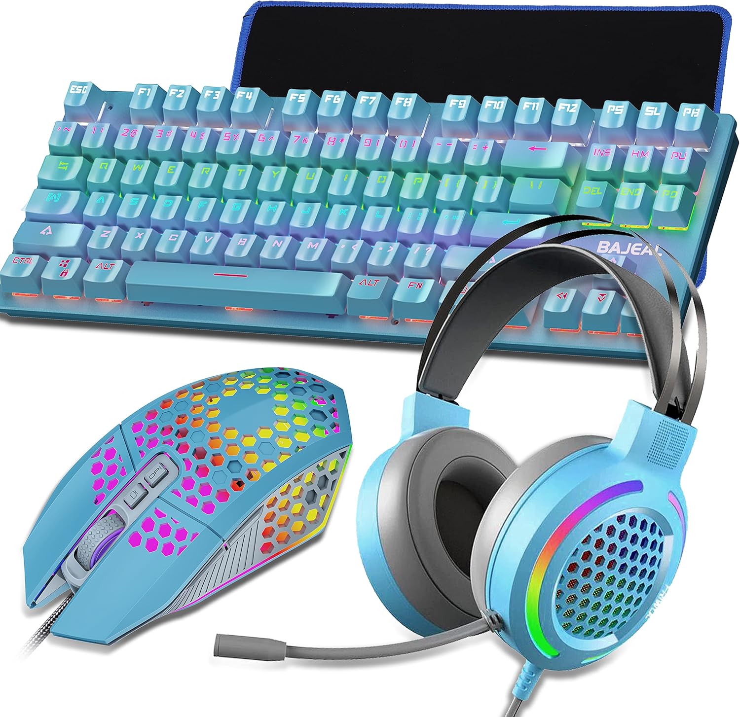 Bajeal Gaming Mechanical Keyboard and Mouse Headset Mousepad Combo,4 in 1, RGB Backlit Green axis Teclado Wired RGB 8000 DPI Mice & USB 7.1 Surround Sound Headphone with Mic for PC Gamer (Black) Pack of 2