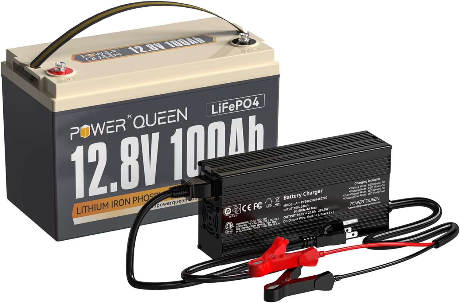 Power Queen 12.8V 100Ah LiFePO4 Battery with 14.6V 20A LiFePO4 Battery Charger; Built-in 100A BMS, Fast and Fully Charged, 4000+ Cycles, Perfect for RV, Trailer, Camping, Solar System…