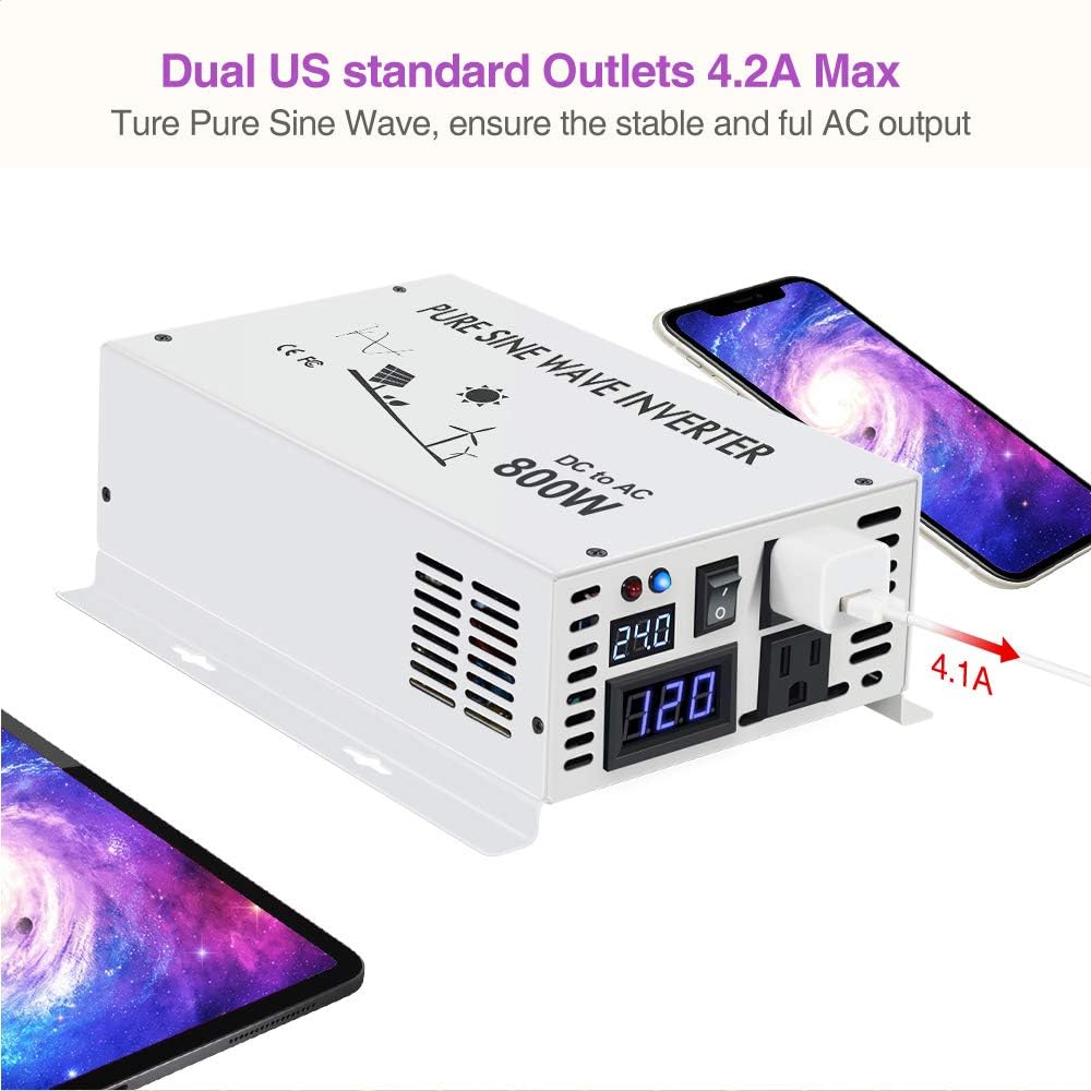 WZRELB Pure Sine Wave 800W Home Power Generator Inverter Off Grid DC to AC 24V 120V Converter