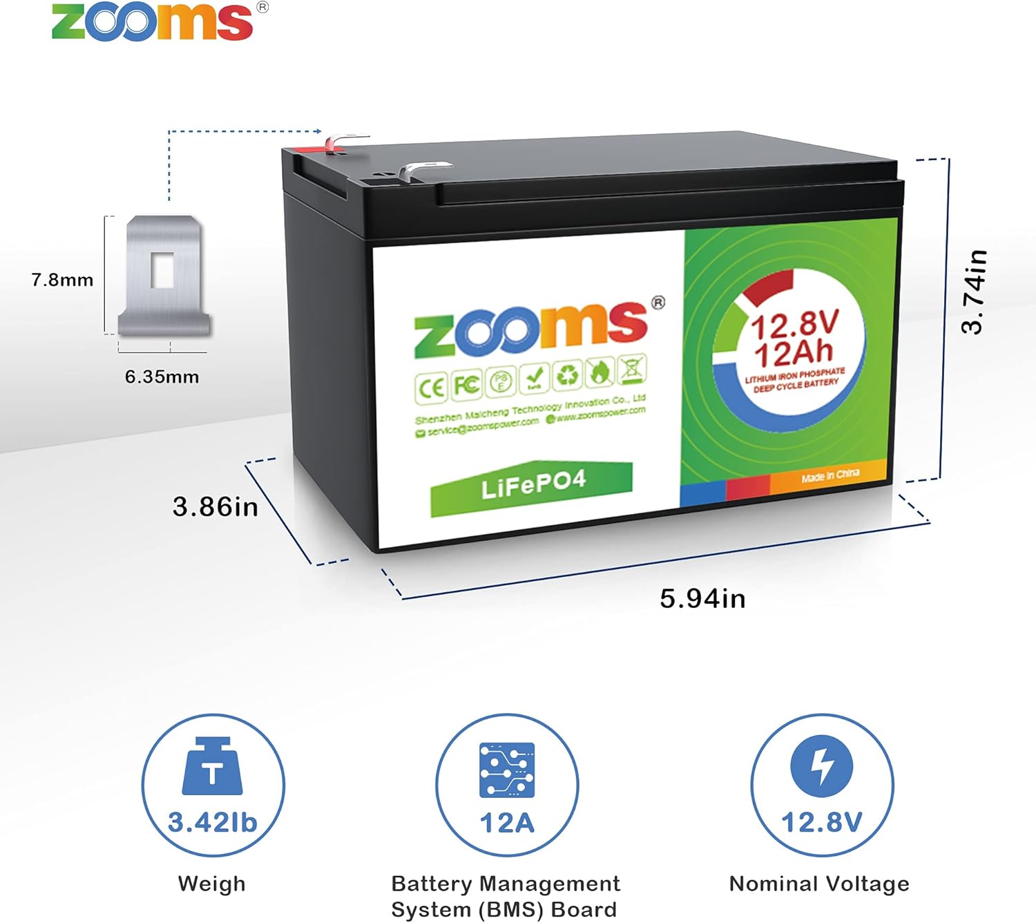 Zooms 12.8V 12Ah LiFePO4 Deep Cycle Rechargeable Battery, Built-in 12A BMS, 4000-8000 Life Cycles & 10-Year Lifetime, Perfect for Kids Scooters, Fish Finder etc. Pack of 2
