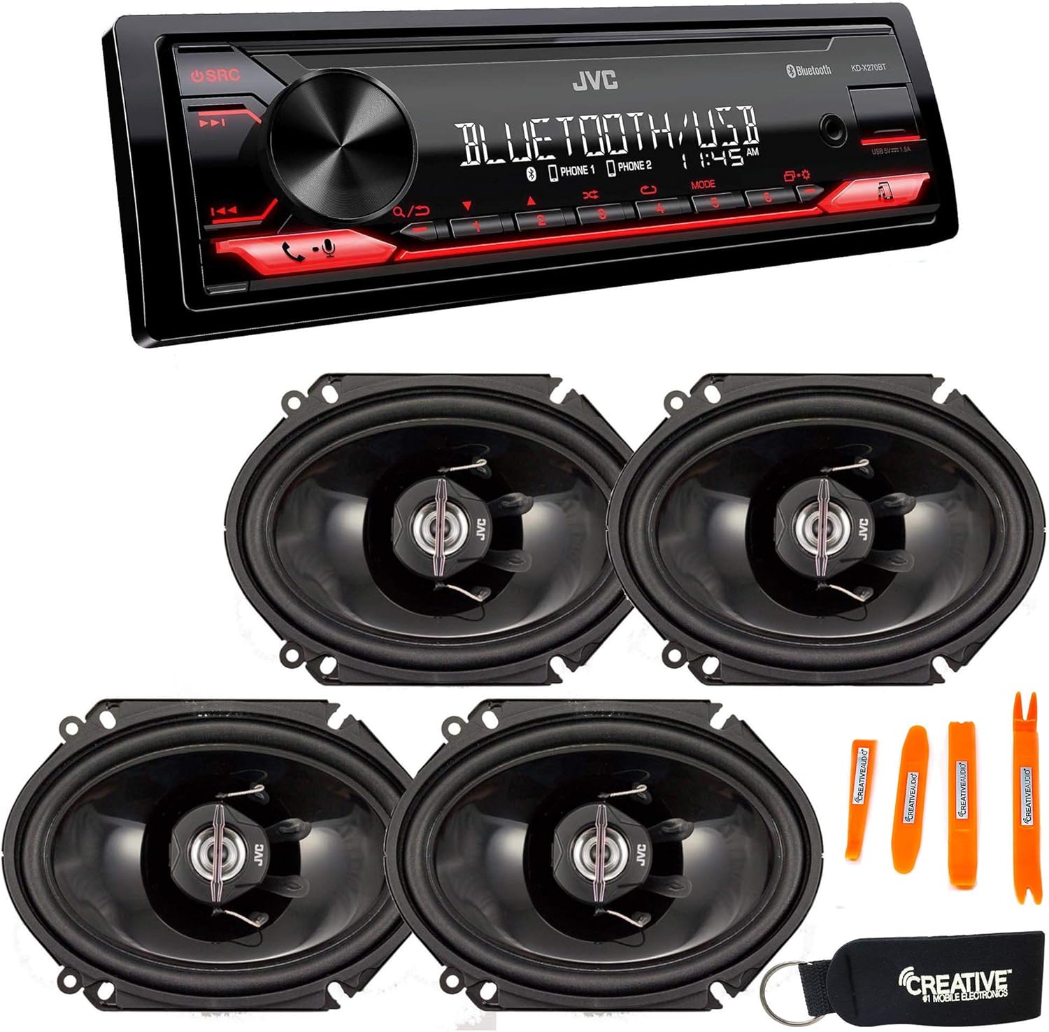 JVC KD-X270BT Digital Media Receiver W/Bluetooth, USB, JVC Remote App + Two Pairs of JVC 6x8 Speakers