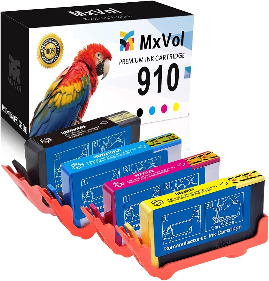 MxVol Remanufactured Ink Cartridge Replacement for HP 910 910 XL use for HP OfficeJet 8015, 8018, 8020, 8022, 8025, 8025e, 8028, 8035, 8035e Printer (4-Pack, Black Cyan Magenta Yellow) Pack of 2
