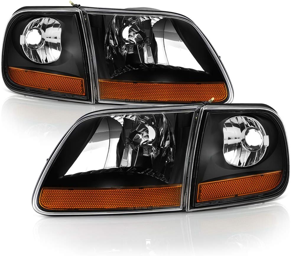 ACANII - For 1997-2003 Ford F150 Black Housing [Harley Davidson Style] Headlights w/Corner Lights Assembly Left+Right