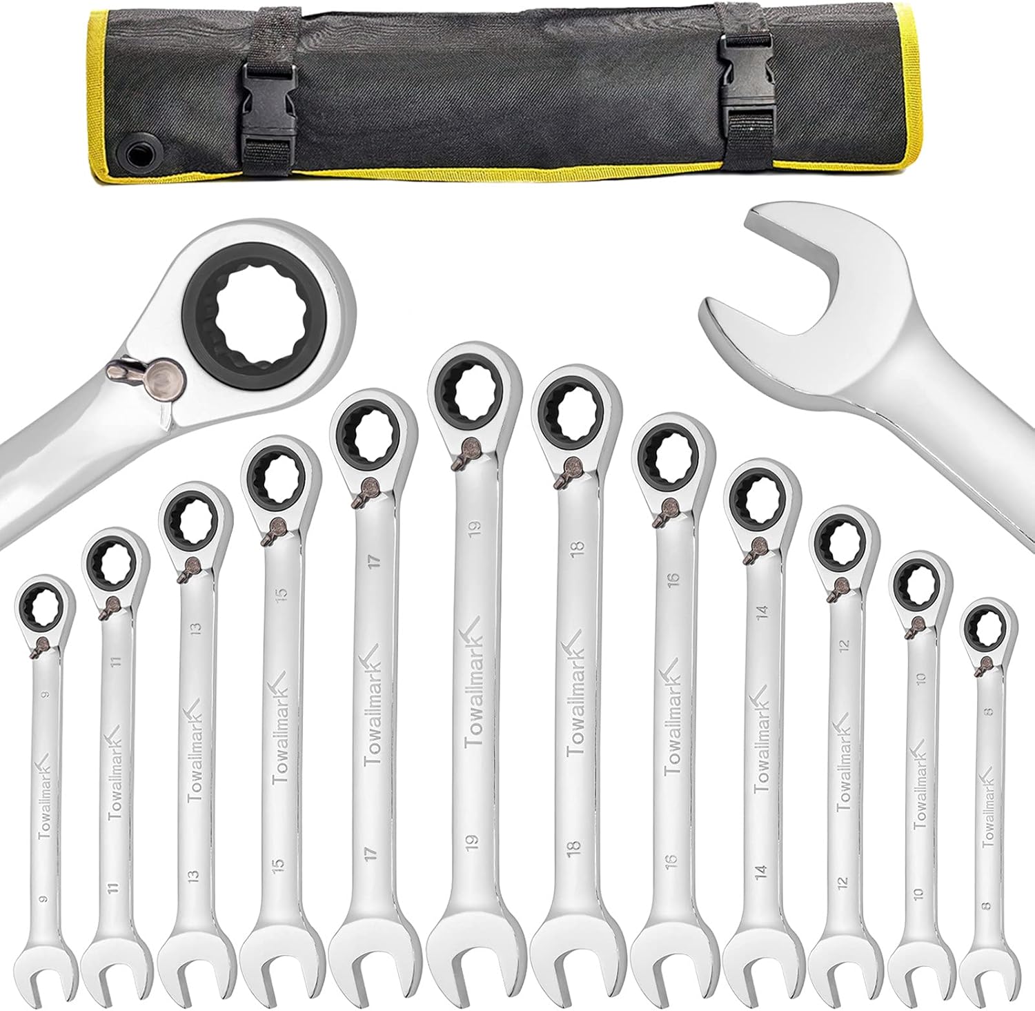 Towallmark 12-Piece Reversible Ratchet Combination Wrench Set, Metric,8mm-19mm Chrome Vanadium Steel Ratchet Wrenches, Ratcheting Combination Wrench Set with Rolling Pouch Pack of 2