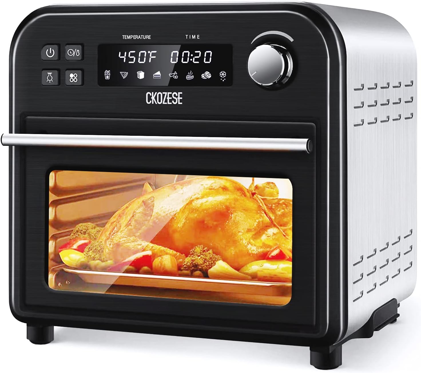8-In-1 Toaster Oven Air Fryer, 6-Slice Compact Convection Oven Countertop with 6 Rapid Quartz Heaters, Air Fry, Grill,Roast,Broil,Bake, Black Stainless Steel Dehydrator, LCD Screen,45Recipes&4fittings