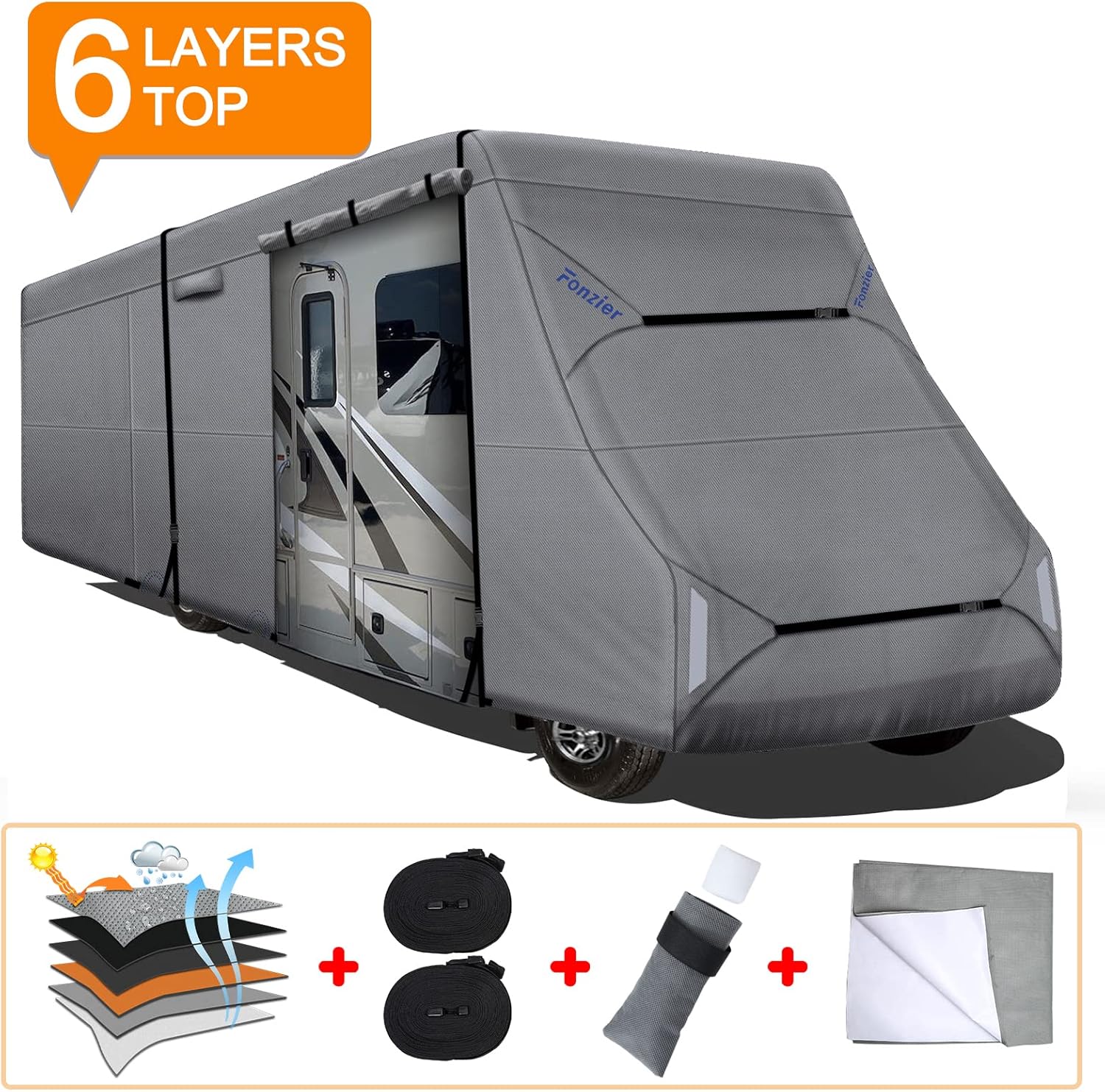 Fonzier Heavy Duty 6 Layers Top Class C RV Cover Anti-UV Camper Cover for 29’-32’ Motorhome Breathable Rip-Stop with 2Pcs Extra Straps & Gutter Spout Covers