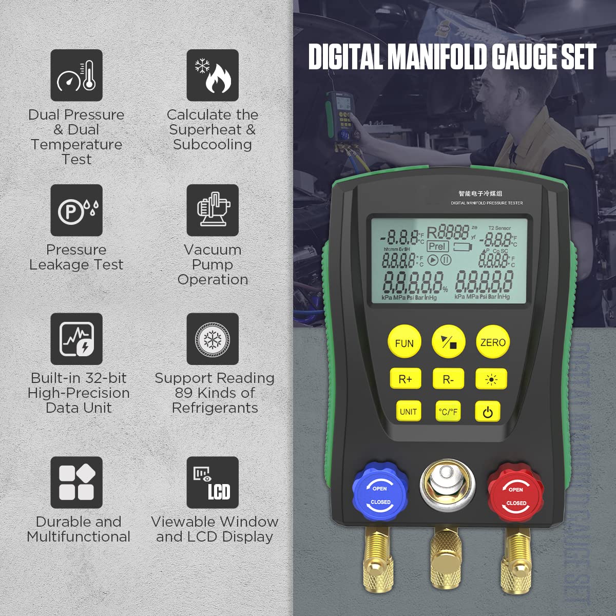 Refrigeration Digital Manifold Gauge Set, HVAC Tools for 89 Kind of Refrigerant, High/Low R134a AC Quick Coupler Adapter