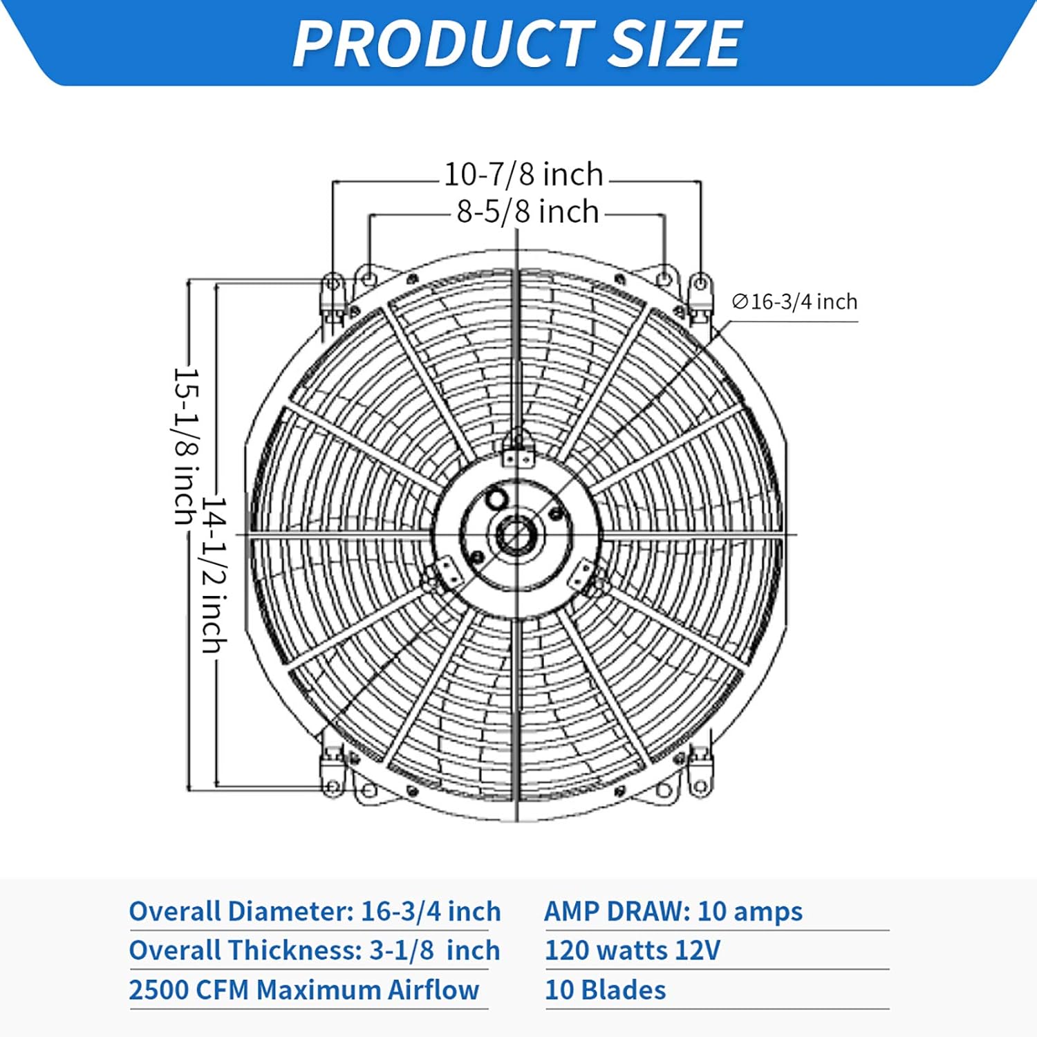 Universal High Performance Reversible 16 Inch Electric Engine Radiator Cooling Fan with Mounting Kit 2500 CFM 12 Volts 10 Amps 120 Watts Pack of 2